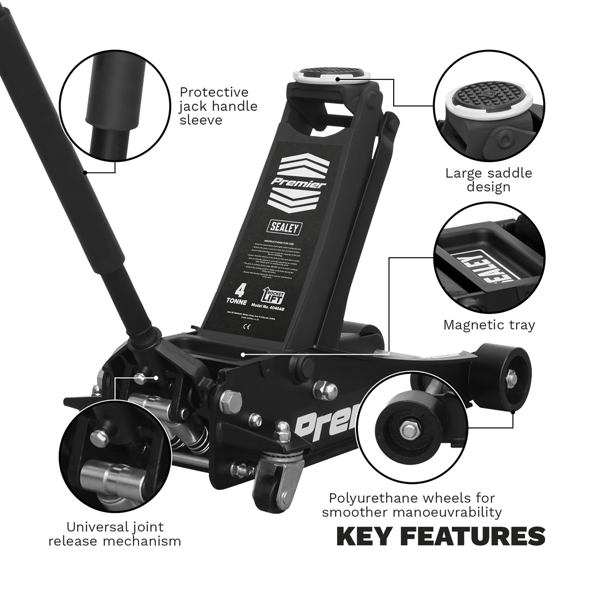 Premier 4040AB Premier Low Profile Trolley Jack with Rocket Lift 4 Tonne - Black