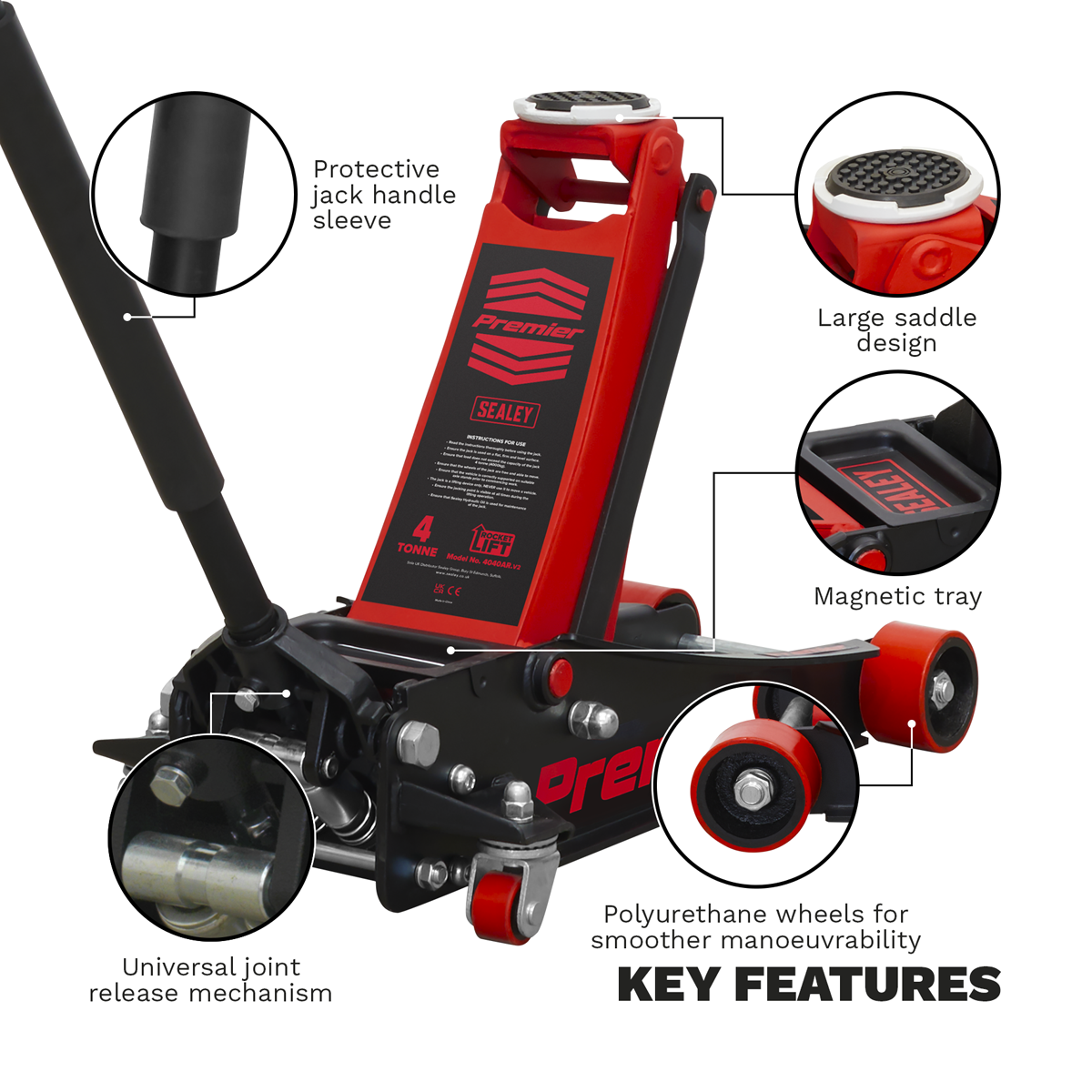 Premier 4040AR Premier Low Profile Trolley Jack with Rocket Lift 4 Tonne - Red
