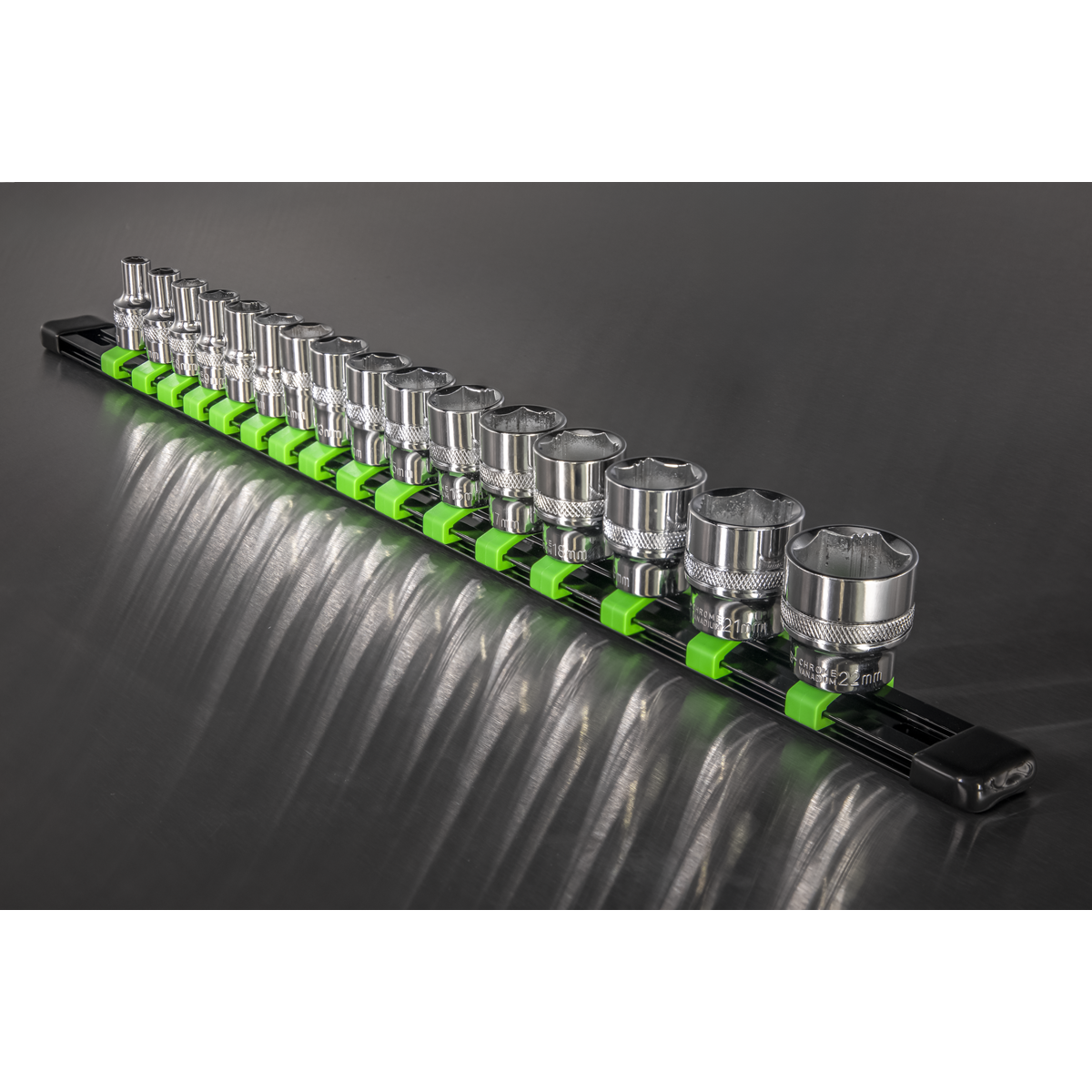 Premier AK27053HV Premier Socket Retaining Rail with 16 Clips 3/8"Sq Drive - Hi-Vis Green