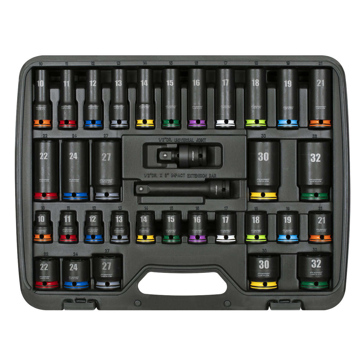 Premier AK5636M Lock-On™ Standard & Deep Impact Socket Set 34pc 1/2"Sq Drive 6pt Metric