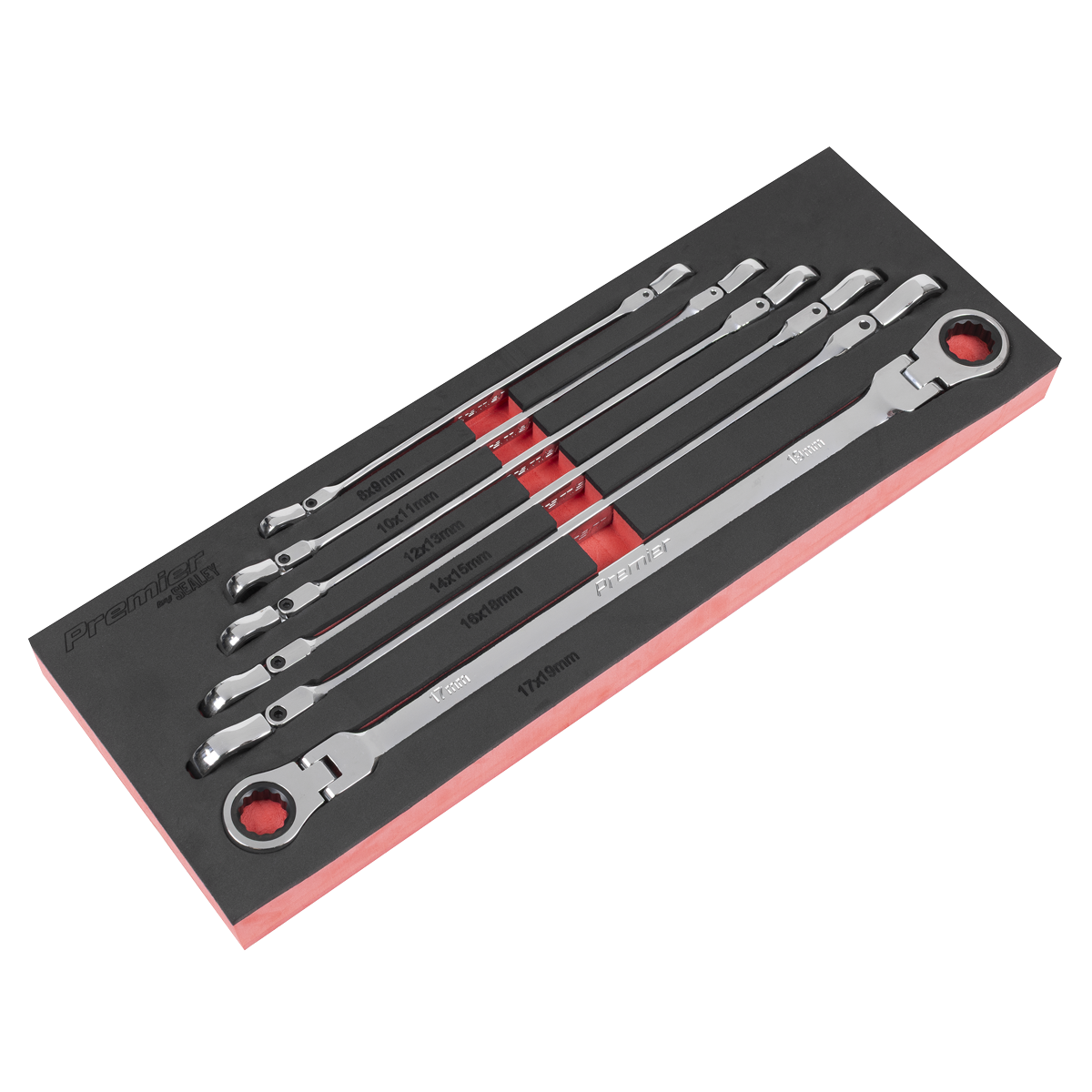 Premier AK63832 Premier Extra-Long Flexi-Head Double End Ratchet Ring Spanner Set 6pc