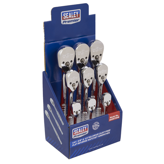 Premier AK6672DB Premier Pear-Head Ratchet Wrenches with Flip Reverse 1/4", 3/8" & 1/2"Sq Drive - Display Box of 9