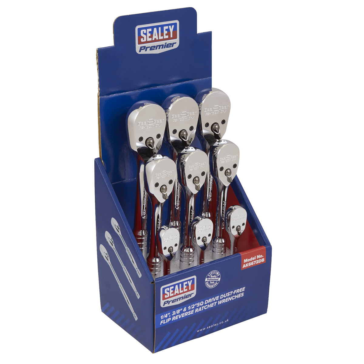 Premier AK6672DB Premier Pear-Head Ratchet Wrenches with Flip Reverse 1/4", 3/8" & 1/2"Sq Drive - Display Box of 9
