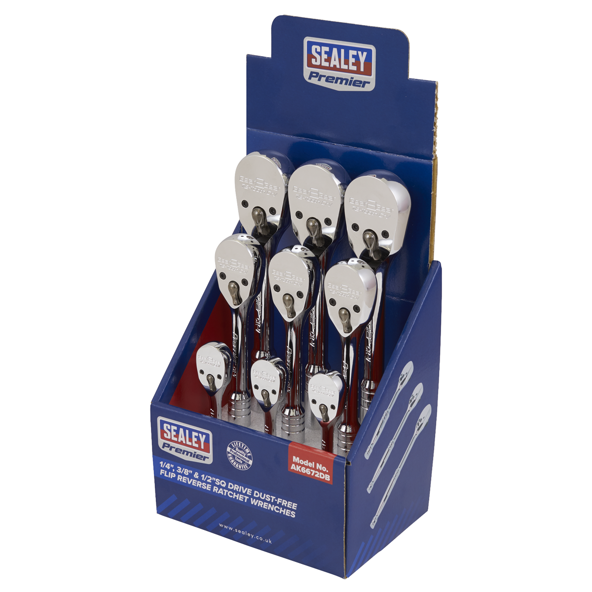 Premier AK6672DB Premier Pear-Head Ratchet Wrenches with Flip Reverse 1/4", 3/8" & 1/2"Sq Drive - Display Box of 9