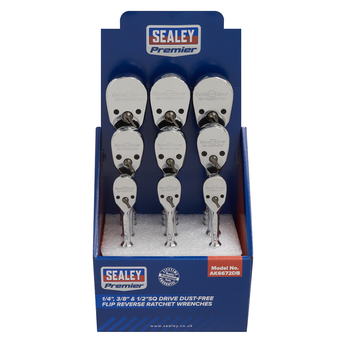 Premier AK6672DB Premier Pear-Head Ratchet Wrenches with Flip Reverse 1/4", 3/8" & 1/2"Sq Drive - Display Box of 9