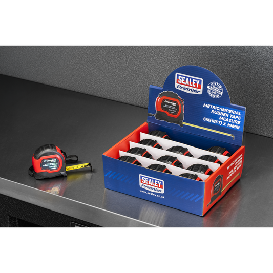 Premier AK98912 Metric/Imperial Rubber Tape Measure 5m(16ft) x 19mm - Display Box of 12