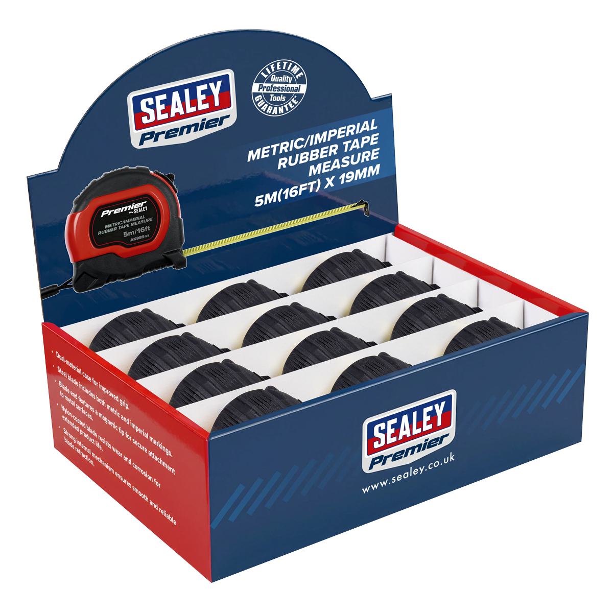 Premier AK98912 Metric/Imperial Rubber Tape Measure 5m(16ft) x 19mm - Display Box of 12