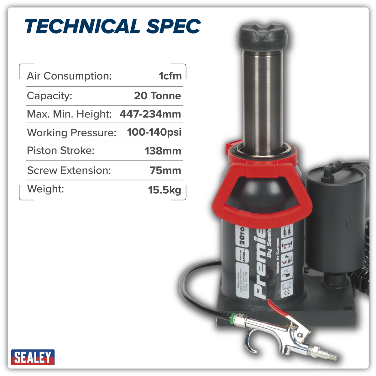 Premier AM20 Premier Manual/Air Hydraulic Bottle Jack 20 Tonne