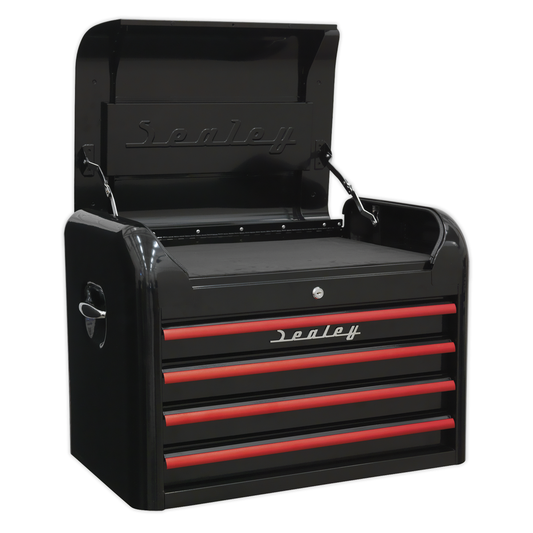 Premier AP28104BR Premier™ Retro Style Topchest 4 Drawer - Black with Red Anodised Drawer Pulls