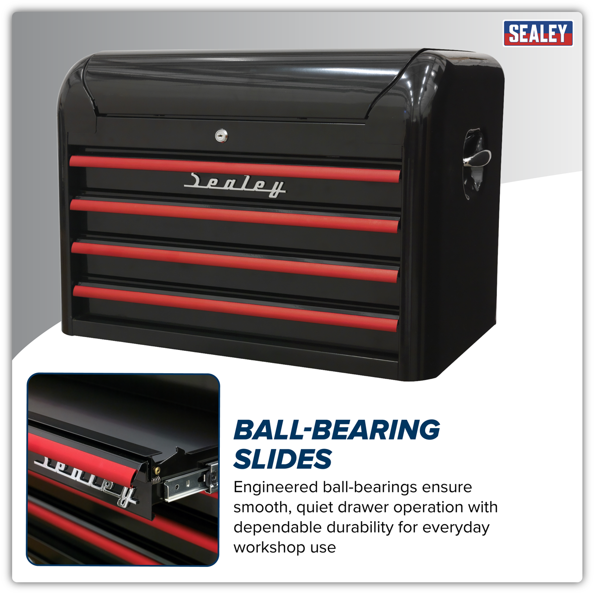 Premier AP28104BR Premier™ Retro Style Topchest 4 Drawer - Black with Red Anodised Drawer Pulls