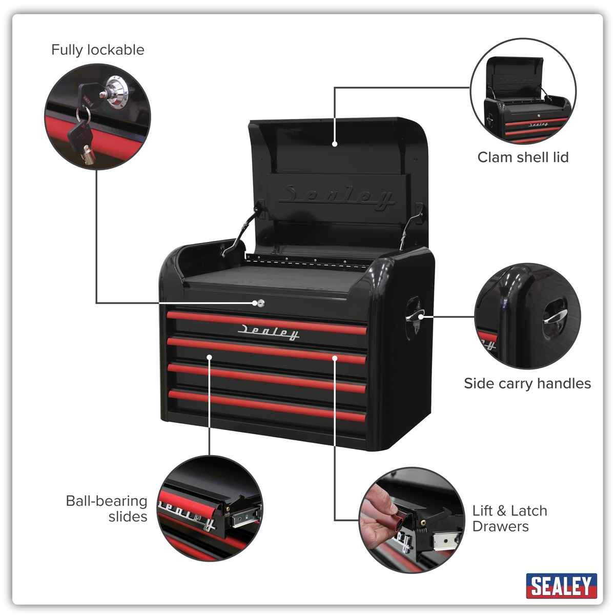 Premier AP28104BR Premier™ Retro Style Topchest 4 Drawer - Black with Red Anodised Drawer Pulls