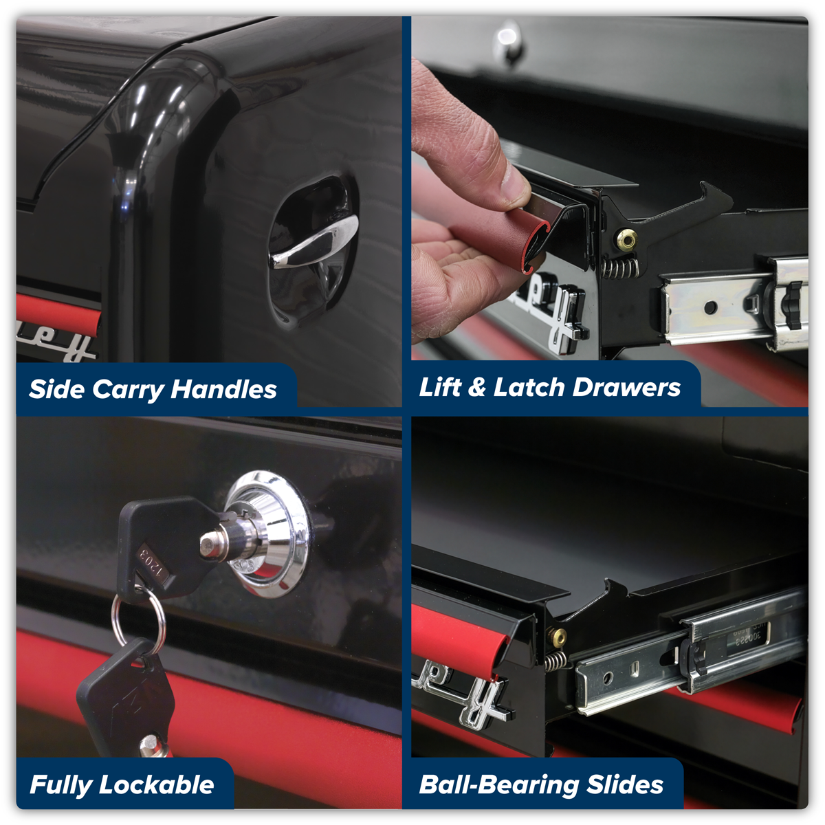 Premier AP28104BR Premier™ Retro Style Topchest 4 Drawer - Black with Red Anodised Drawer Pulls