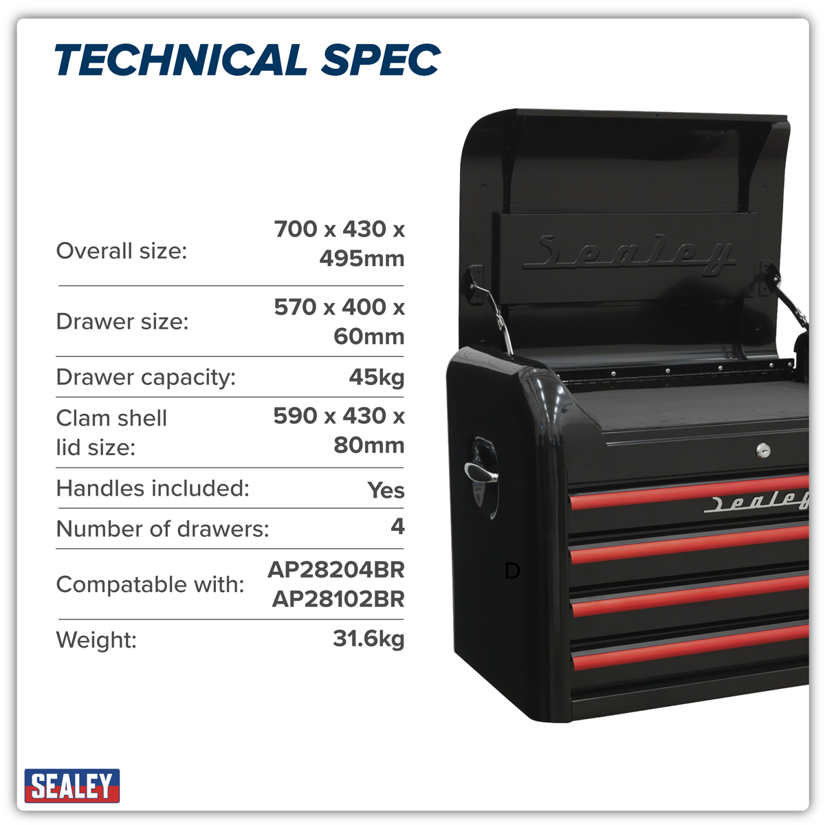 Premier AP28104BR Premier™ Retro Style Topchest 4 Drawer - Black with Red Anodised Drawer Pulls