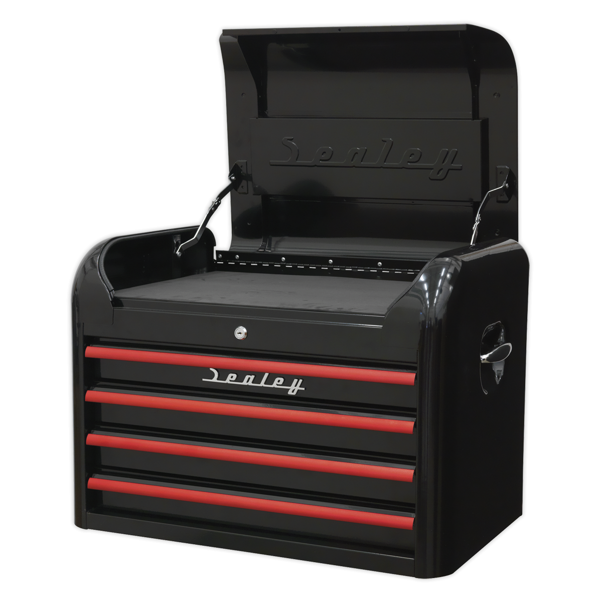 Premier AP28104BR Premier™ Retro Style Topchest 4 Drawer - Black with Red Anodised Drawer Pulls