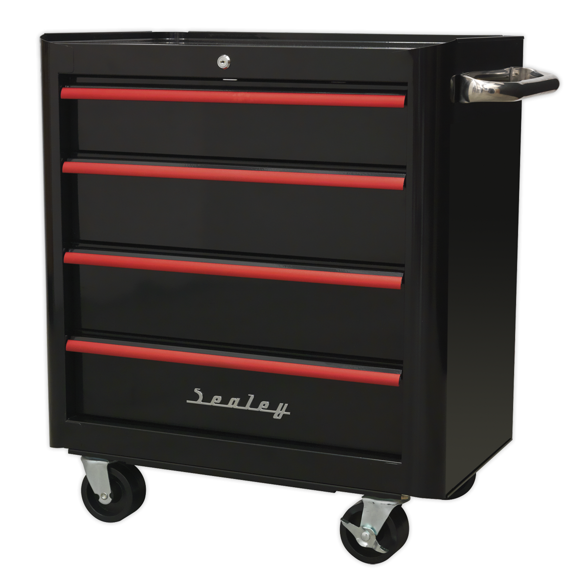 Premier AP28204BR Premier™ Retro Style Rollcab 4 Drawer - Black with Red Anodised Drawer Pulls