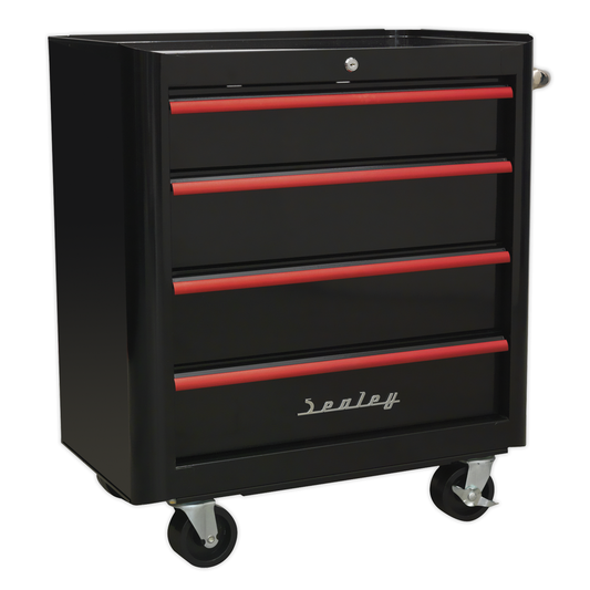 Premier AP28204BR Premier™ Retro Style Rollcab 4 Drawer - Black with Red Anodised Drawer Pulls