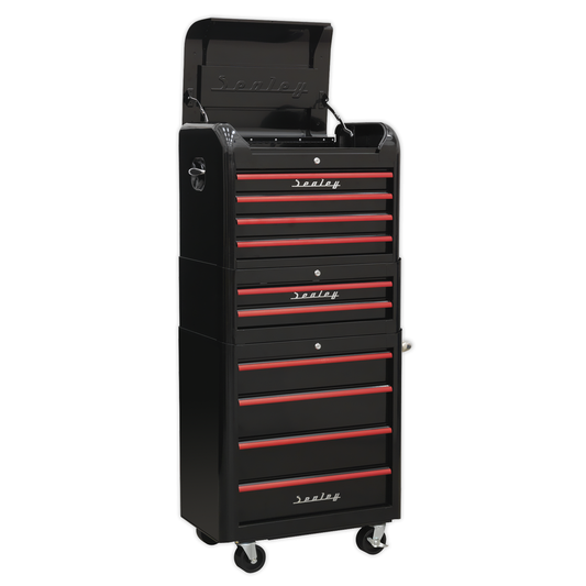 Premier AP28COMBO2BR Premier™ Retro Style Topchest, Mid-Box Tool Chest & Rollcab Combination 10 Drawer - Black with Red Anodised Drawer Pulls