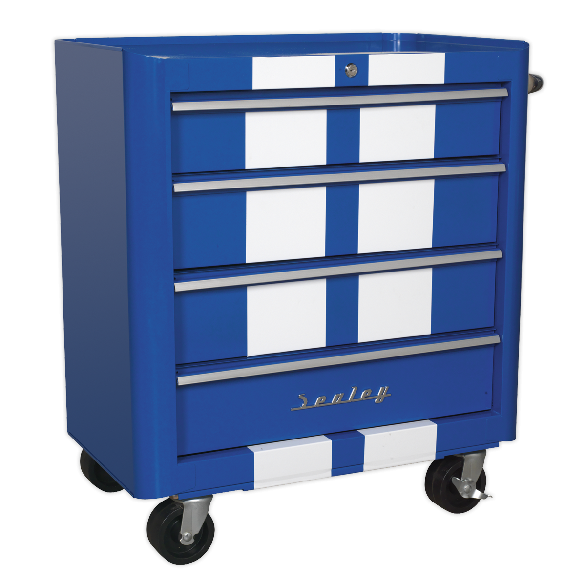 Premier AP28COMBO2BWS Premier™ Retro Style Topchest, Mid-Box Tool Chest & Rollcab Combination 10 Drawer - Blue with White Stripes