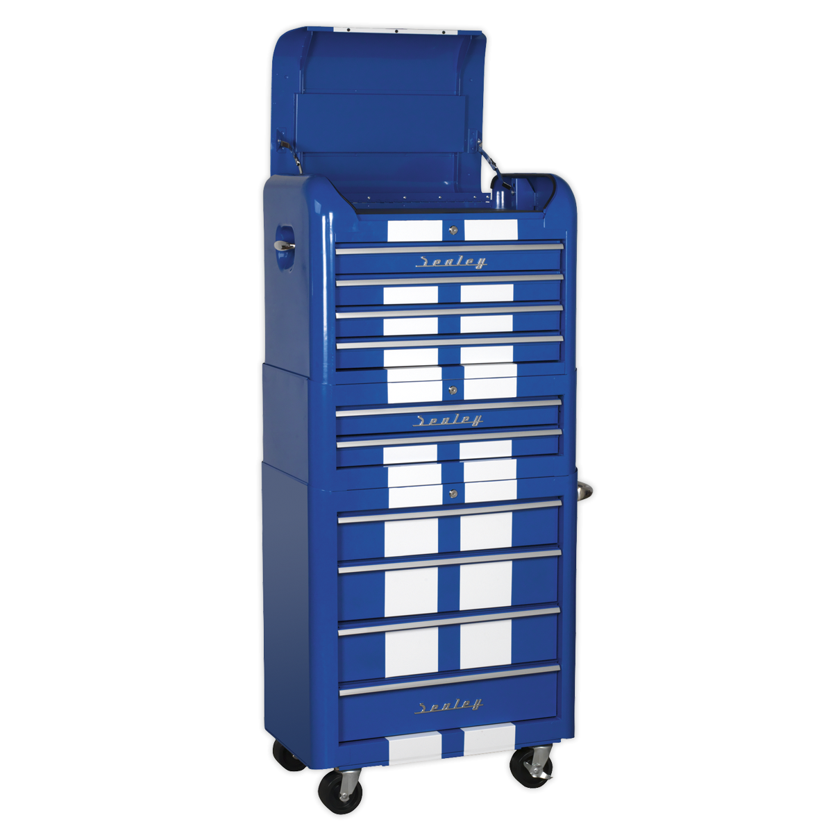 Premier AP28COMBO2BWS Premier™ Retro Style Topchest, Mid-Box Tool Chest & Rollcab Combination 10 Drawer - Blue with White Stripes