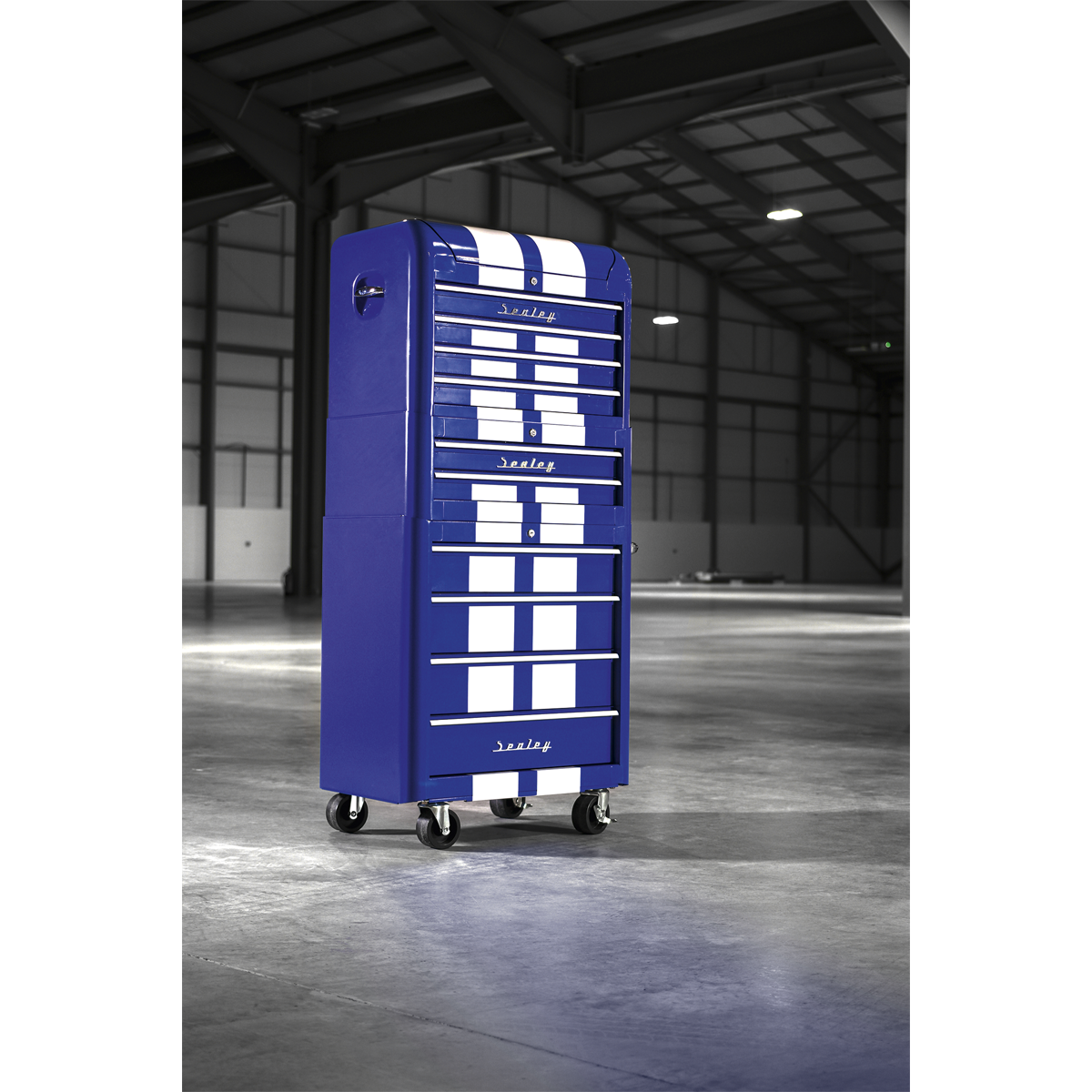 Premier AP28COMBO2BWS Premier™ Retro Style Topchest, Mid-Box Tool Chest & Rollcab Combination 10 Drawer - Blue with White Stripes