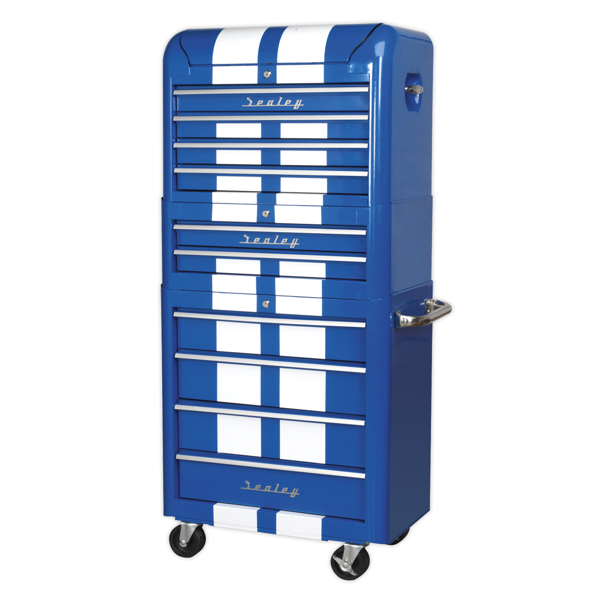 Premier AP28COMBO2BWS Premier™ Retro Style Topchest, Mid-Box Tool Chest & Rollcab Combination 10 Drawer - Blue with White Stripes