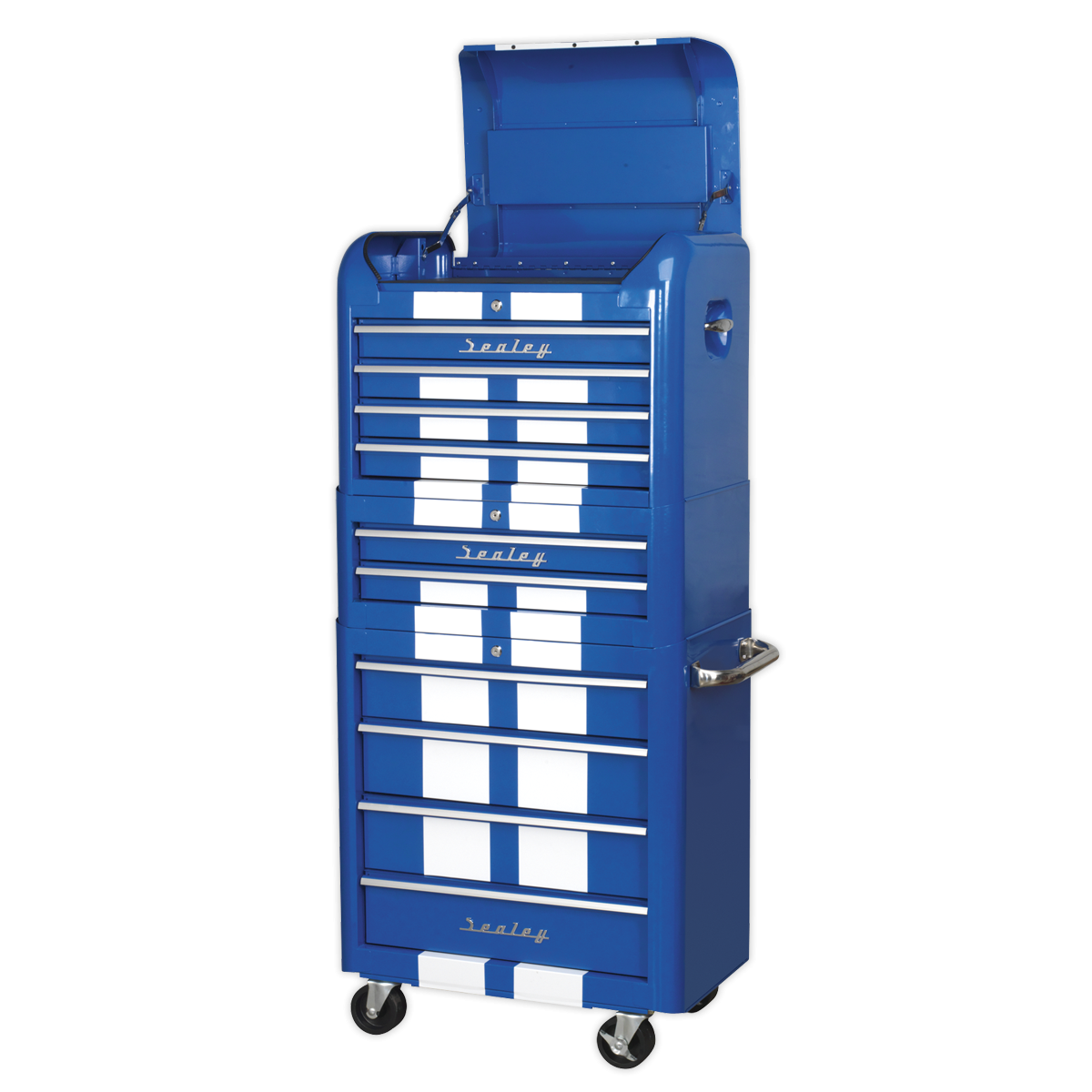 Premier AP28COMBO2BWS Premier™ Retro Style Topchest, Mid-Box Tool Chest & Rollcab Combination 10 Drawer - Blue with White Stripes