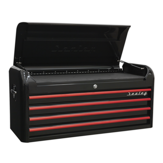 Premier AP41104BR Premier™ Retro Style Wide Topchest 4 Drawer - Black with Red Anodised Drawer Pulls