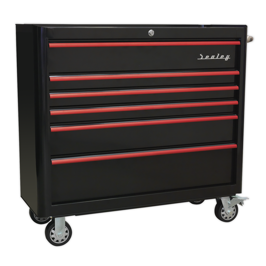 Premier AP41206BR Premier™ Retro Style Wide Rollcab 6 Drawer - Black with Red Anodised Drawer Pulls