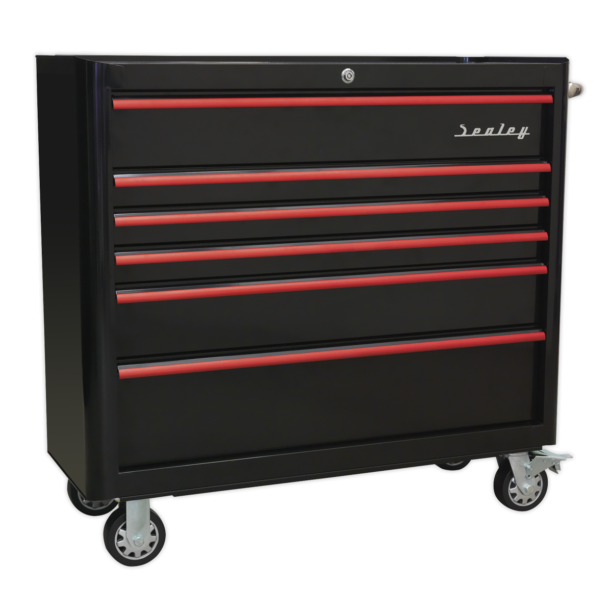 Premier AP41206BR Premier™ Retro Style Wide Rollcab 6 Drawer - Black with Red Anodised Drawer Pulls