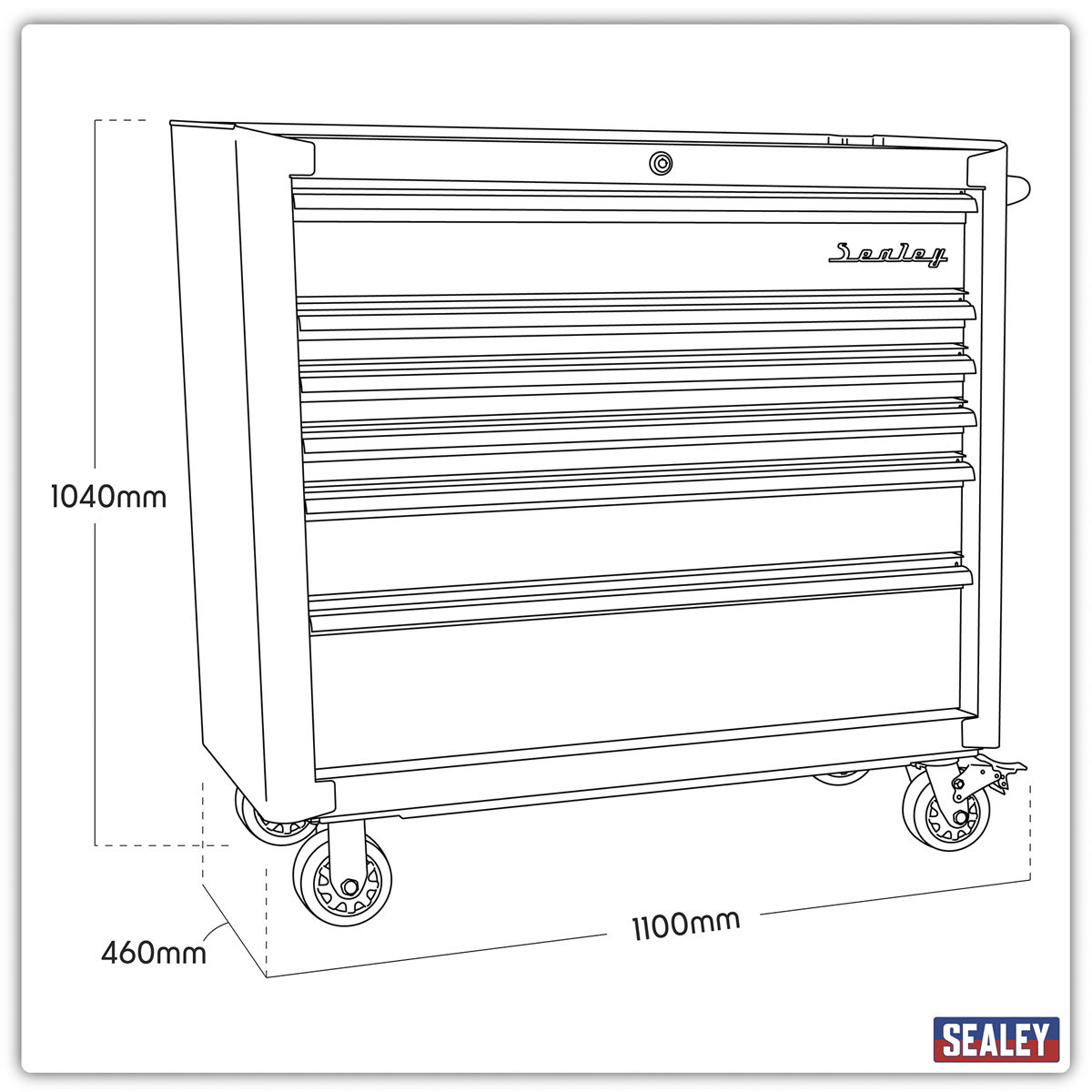 Premier AP41206BR Premier™ Retro Style Wide Rollcab 6 Drawer - Black with Red Anodised Drawer Pulls