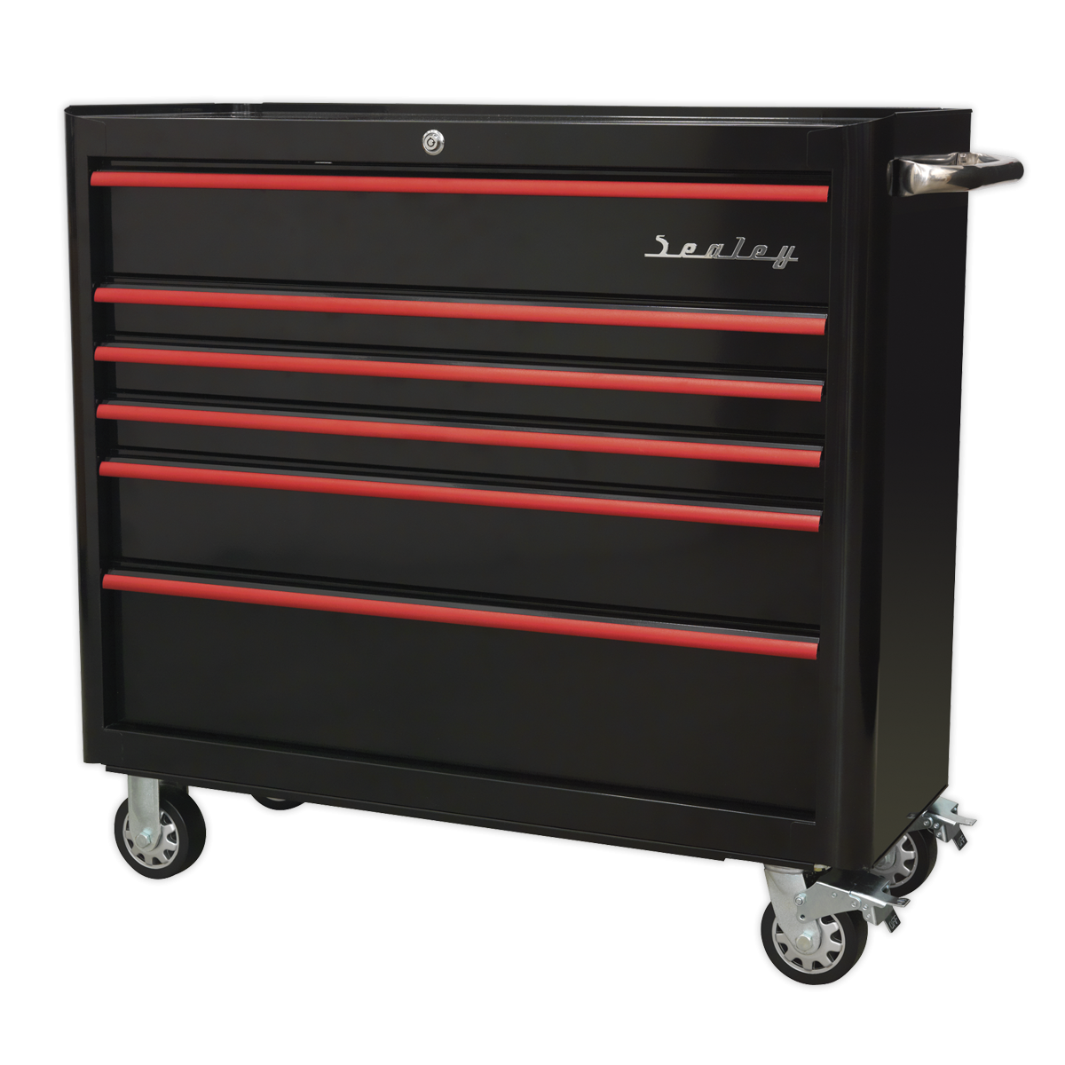 Premier AP41206BR Premier™ Retro Style Wide Rollcab 6 Drawer - Black with Red Anodised Drawer Pulls
