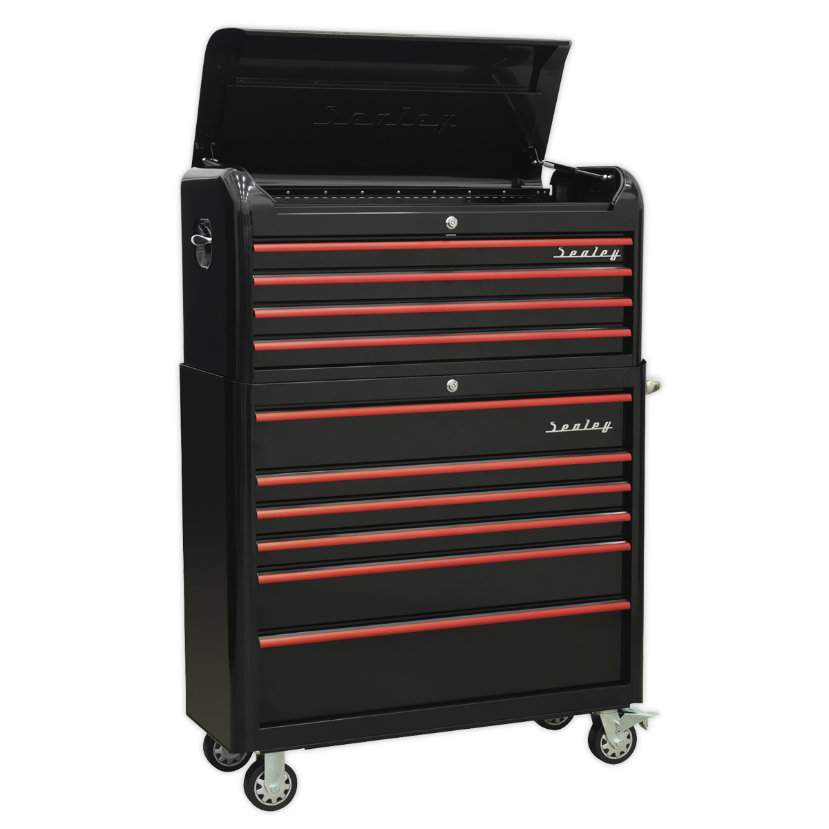 Premier AP41COMBOBR Premier™ Retro Style Wide Topchest & Rollcab Combination 10 Drawer - Black with Red Anodised Drawer Pulls