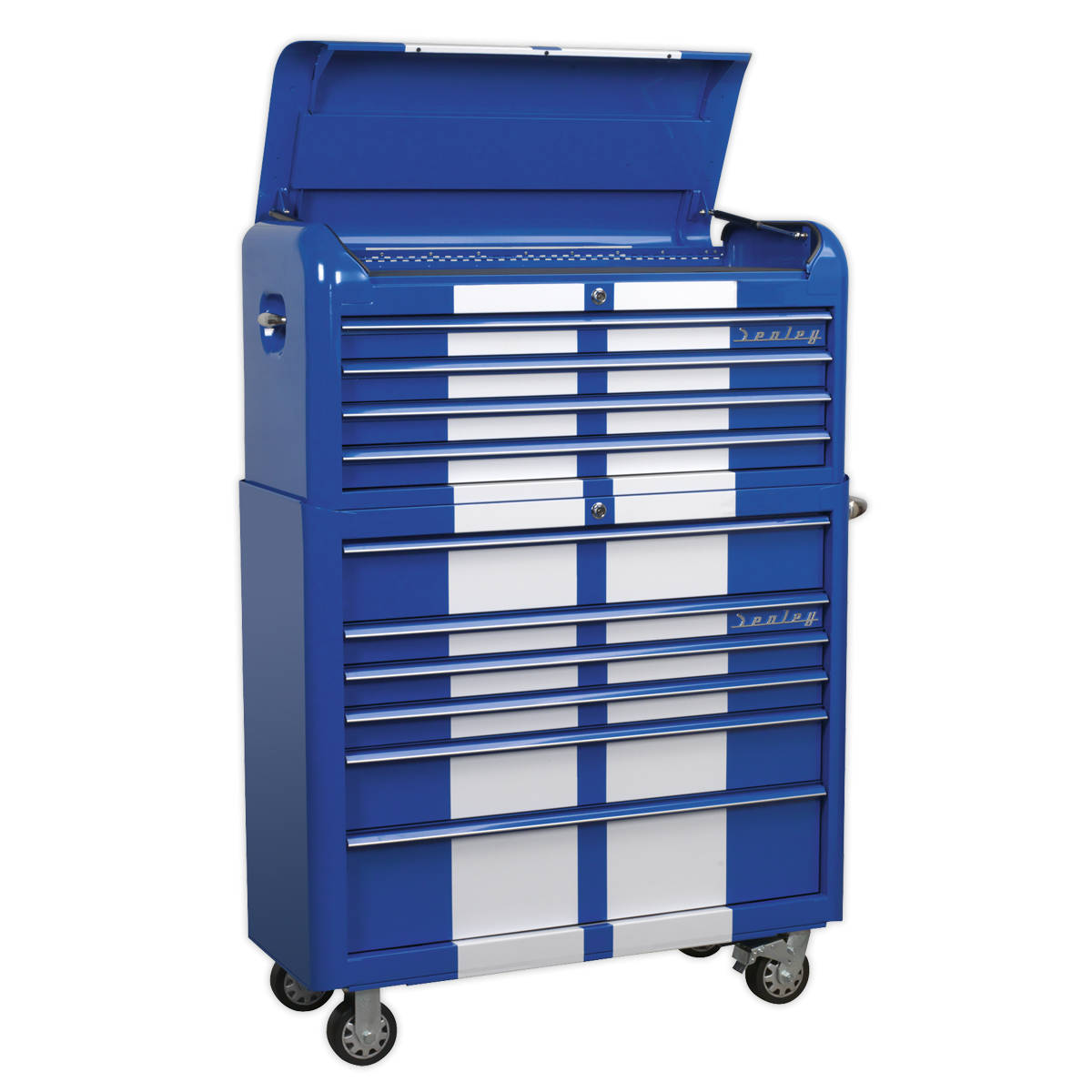 Premier AP41COMBOBWS Premier™ Retro Style Wide Topchest & Rollcab Combination 10 Drawer Blue with White Stripes