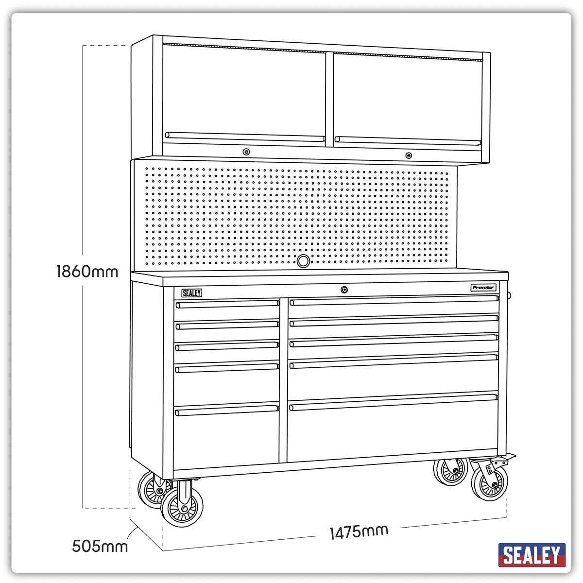 Premier AP5520SS Premier™ Mobile Stainless Steel Tool Cabinet 10 Drawer with Backboard & 2 Wall Cupboards