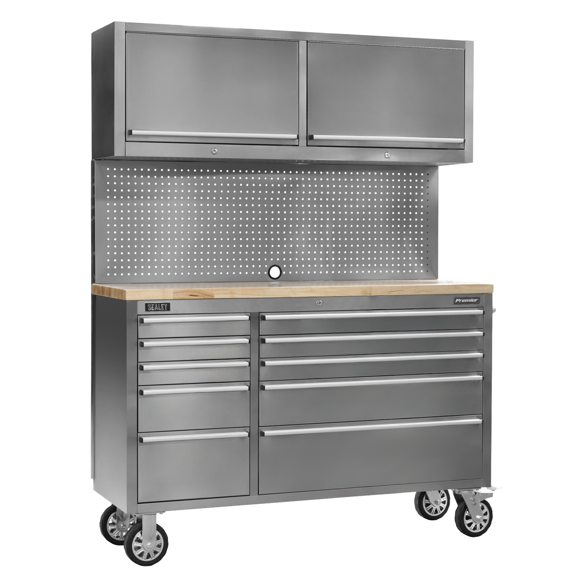 Premier AP5520SS Premier™ Mobile Stainless Steel Tool Cabinet 10 Drawer with Backboard & 2 Wall Cupboards