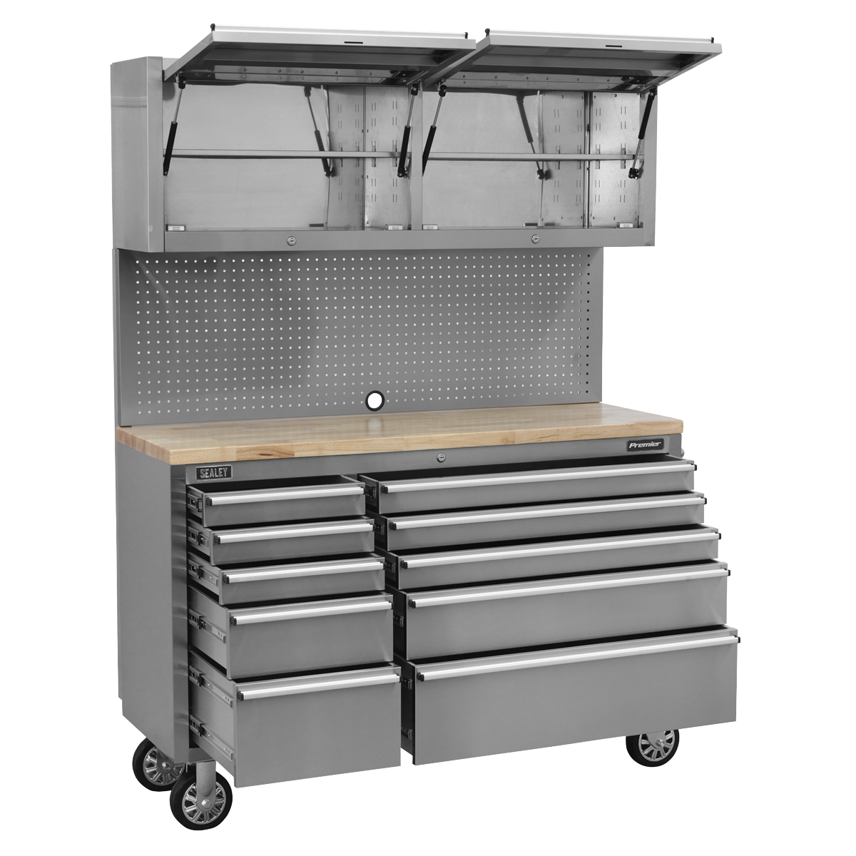 Premier AP5520SS Premier™ Mobile Stainless Steel Tool Cabinet 10 Drawer with Backboard & 2 Wall Cupboards