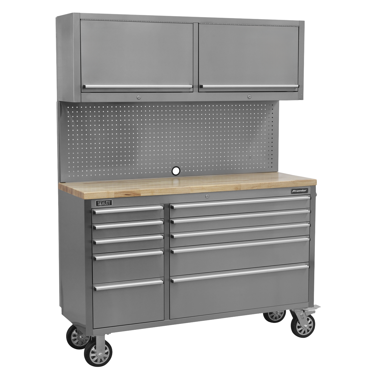 Premier AP5520SS Premier™ Mobile Stainless Steel Tool Cabinet 10 Drawer with Backboard & 2 Wall Cupboards