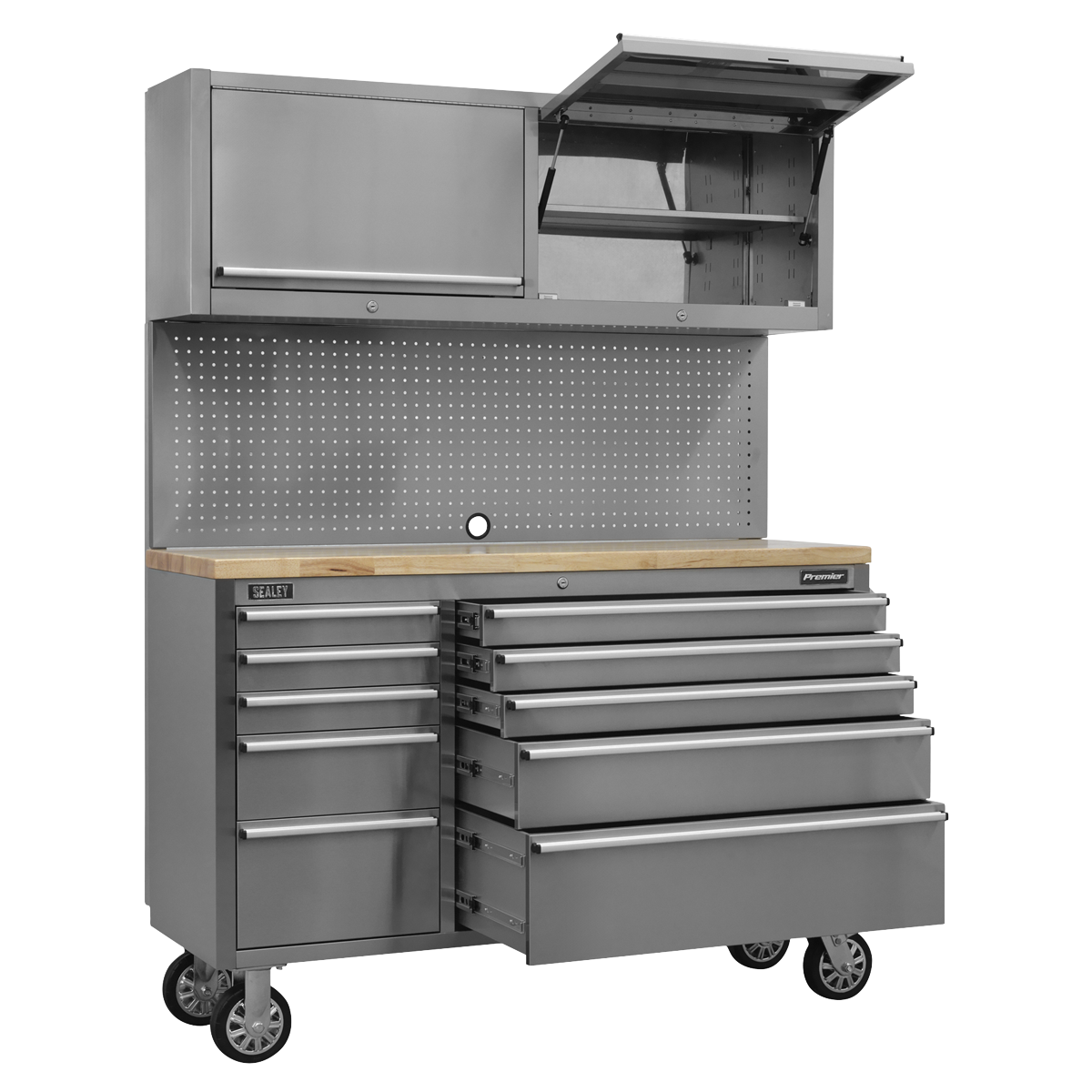 Premier AP5520SS Premier™ Mobile Stainless Steel Tool Cabinet 10 Drawer with Backboard & 2 Wall Cupboards