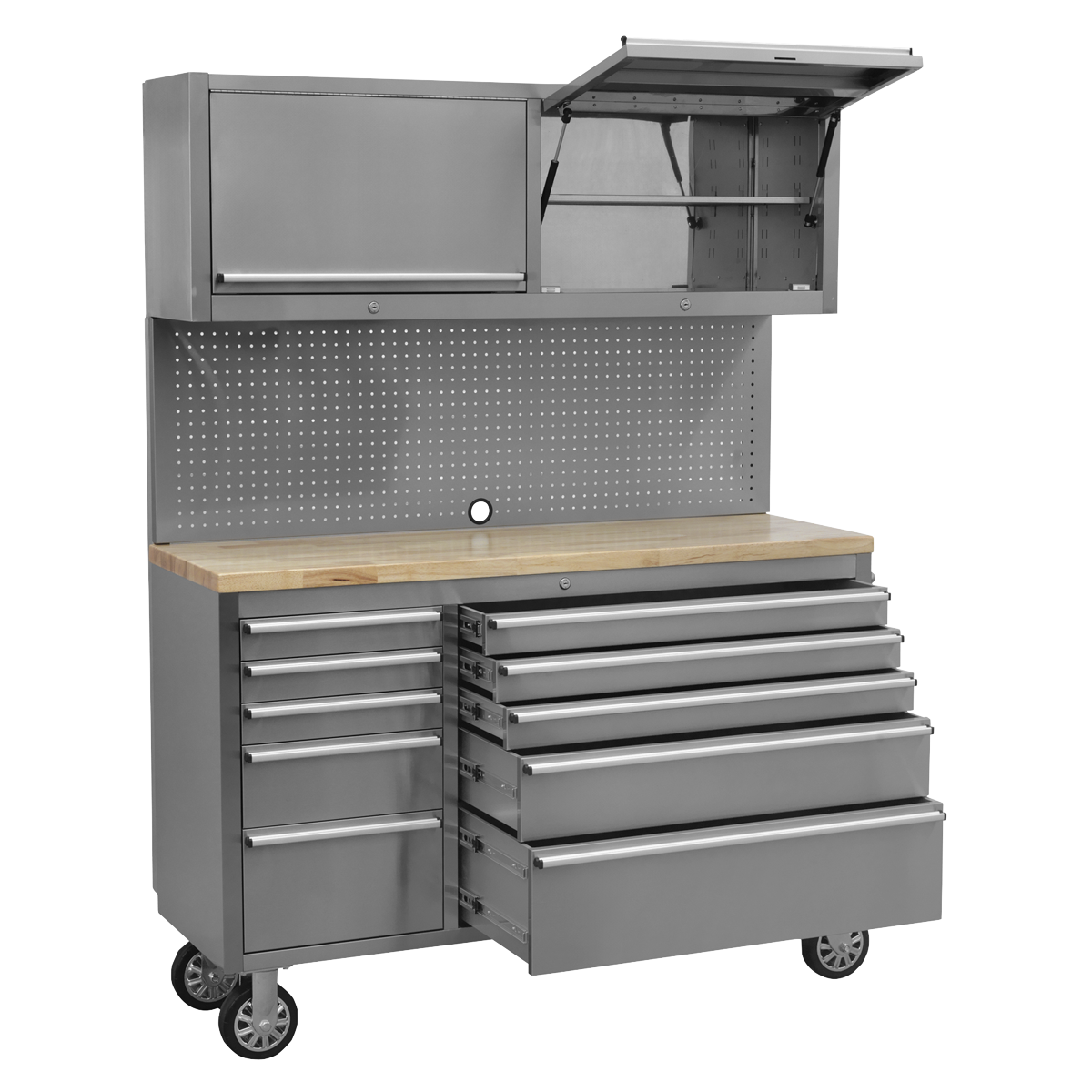 Premier AP5520SS Premier™ Mobile Stainless Steel Tool Cabinet 10 Drawer with Backboard & 2 Wall Cupboards