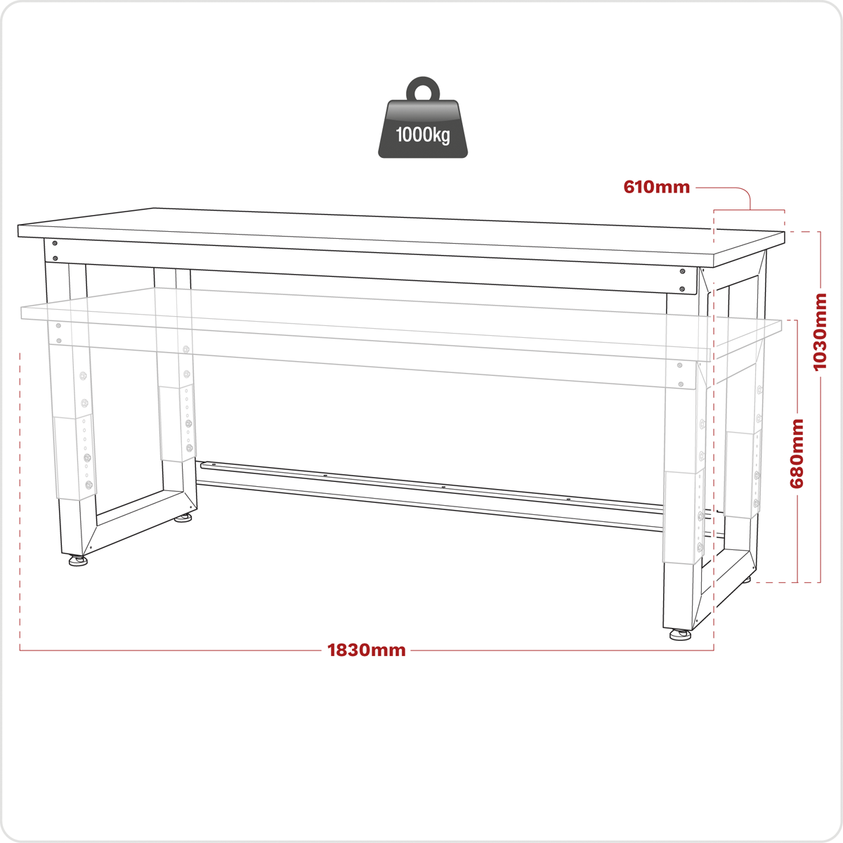 Premier APMS23 Premier™ Heavy-Duty Steel Adjustable Workbench with Stainless Steel Worktop 1830mm