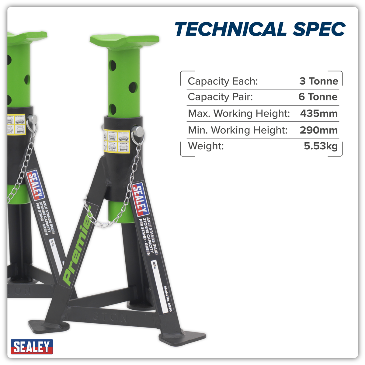 Premier AS3G Premier Axle Stands (Pair) 3 Tonne Capacity per Stand - Green