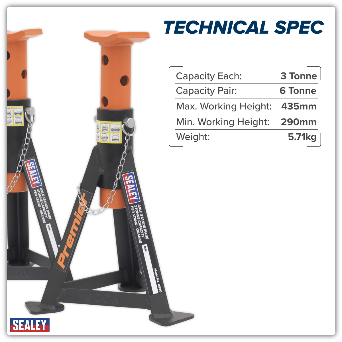 Premier AS3O Premier Axle Stands (Pair) 3 Tonne Capacity per Stand - Orange
