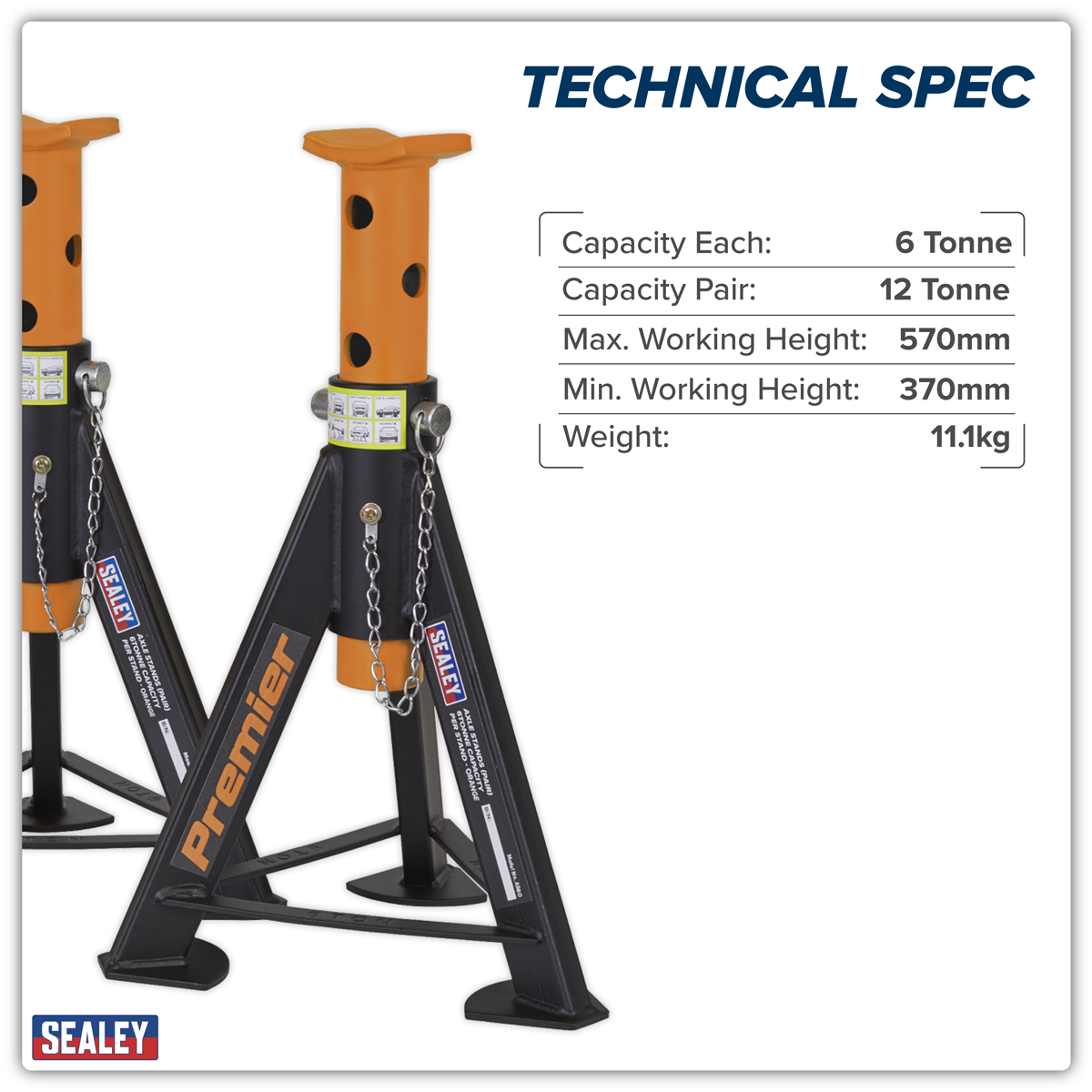 Premier AS6O Premier Axle Stands (Pair) 6 Tonne Capacity per Stand - Orange