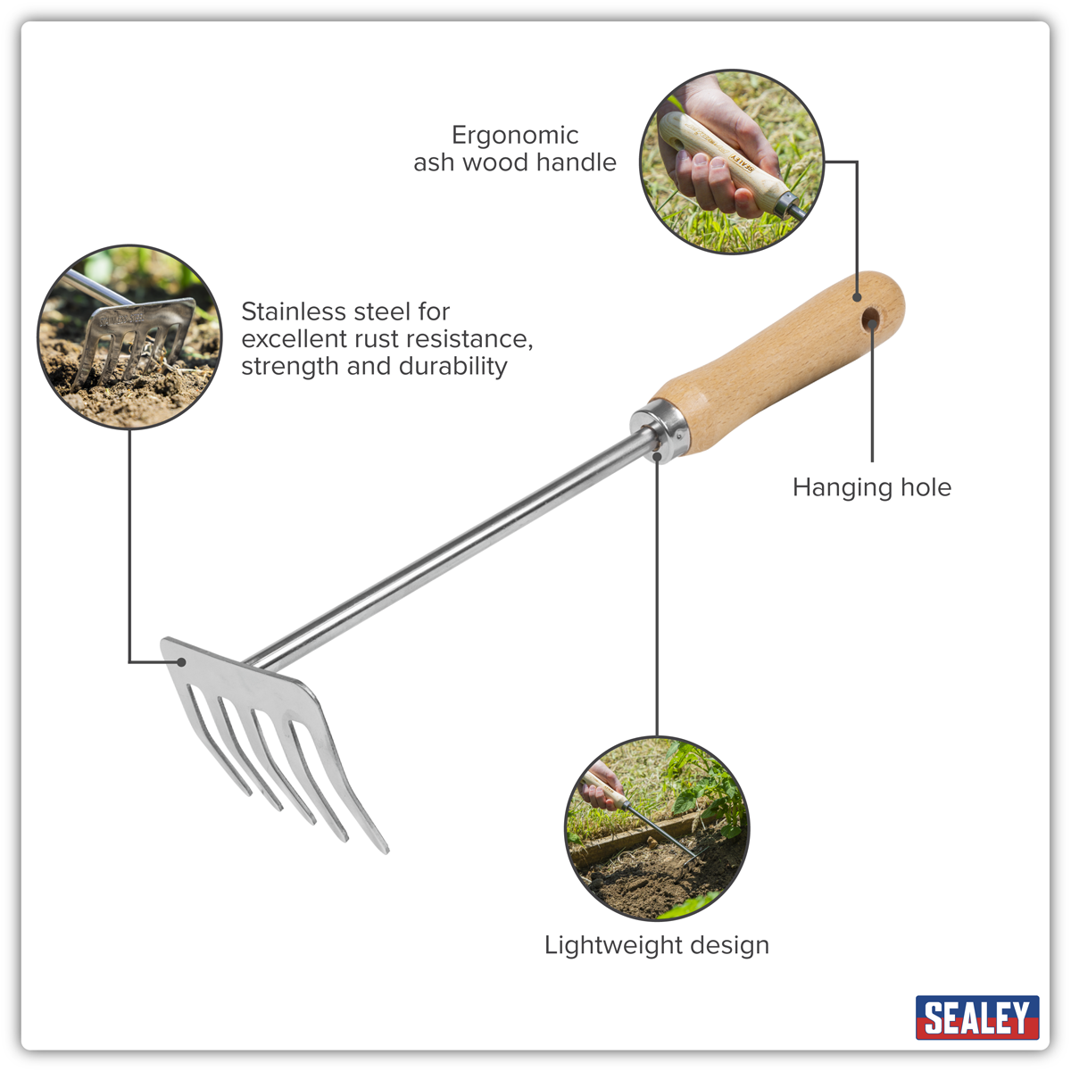 Premier GTWH020 Premier Garden Hand Rake with Short Ash Handle & Stainless Steel Tines