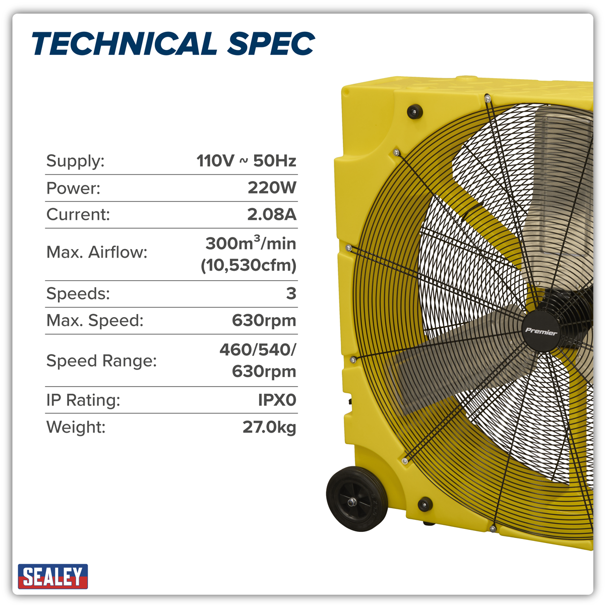 Premier HVD36110VPM Premier 36" Industrial High Velocity Rotomould Drum Fan 3-Speed 110V