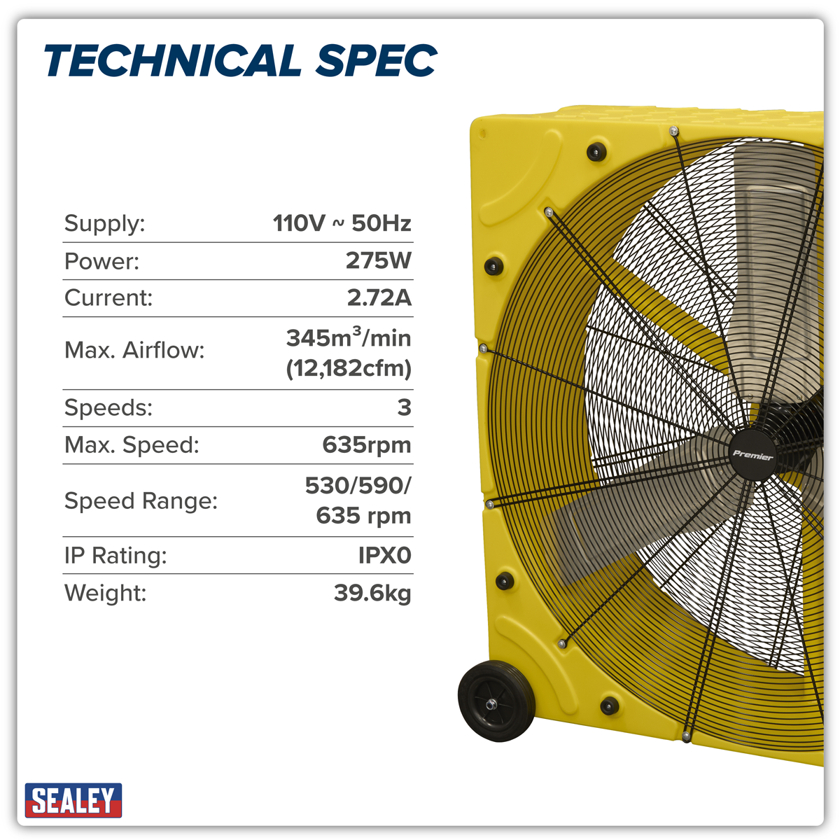 Premier HVD42110VPM Premier 42" Industrial High Velocity Rotomould Drum Fan 3-Speed 110V
