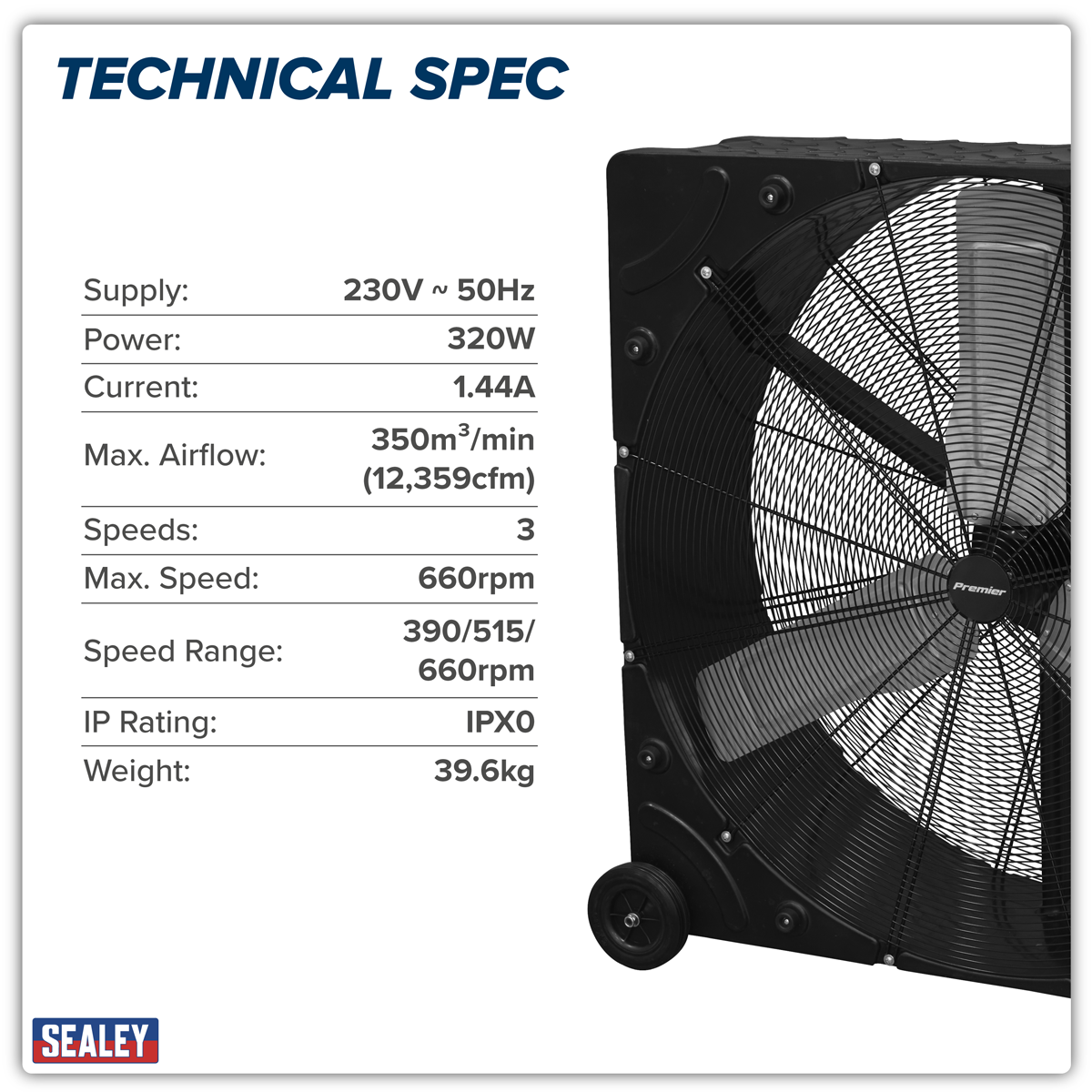 Premier HVD42PM Premier 42" Industrial High Velocity Rotomould Drum Fan 3-Speed 230V