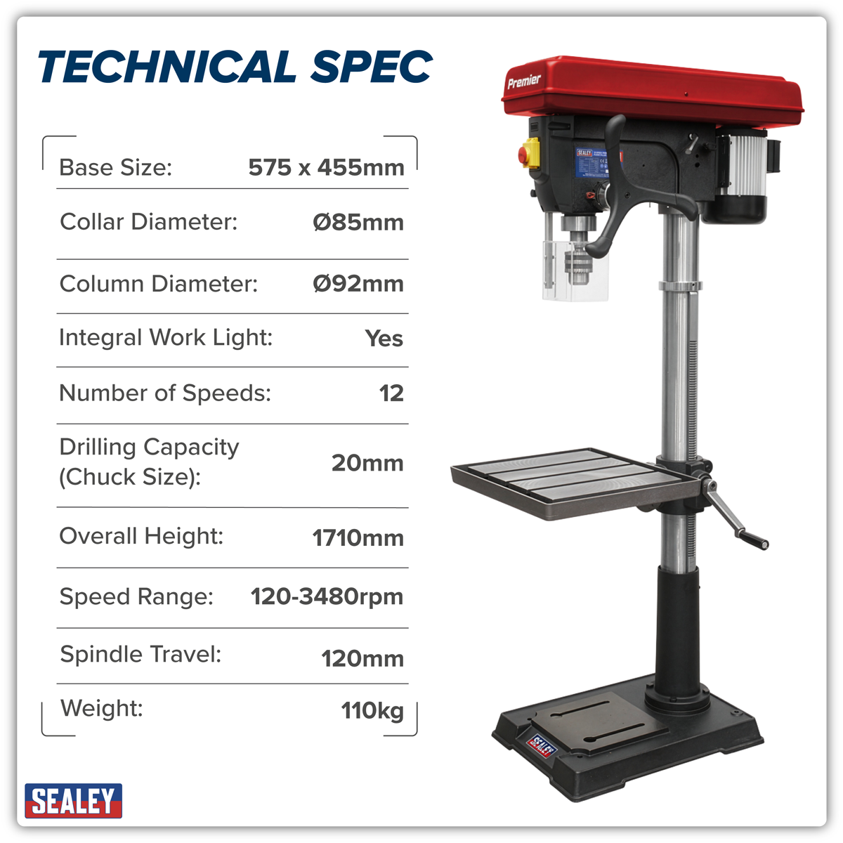 Premier PDM260F Premier Floor Standing Pillar Drill 12-Speed 1100W/230V