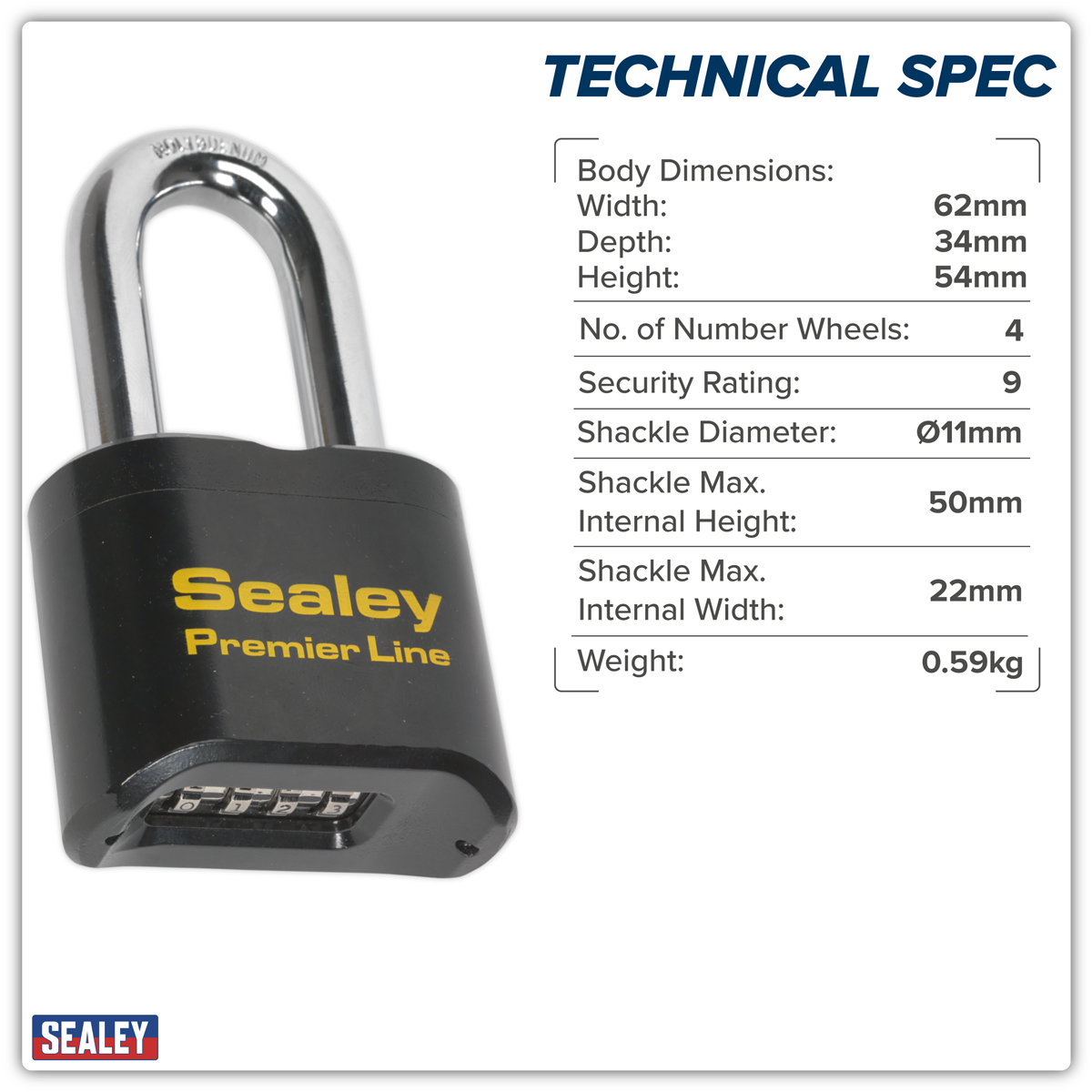 Premier PL603L Premier™ Steel Body Combination Padlock Long Shackle 62mm