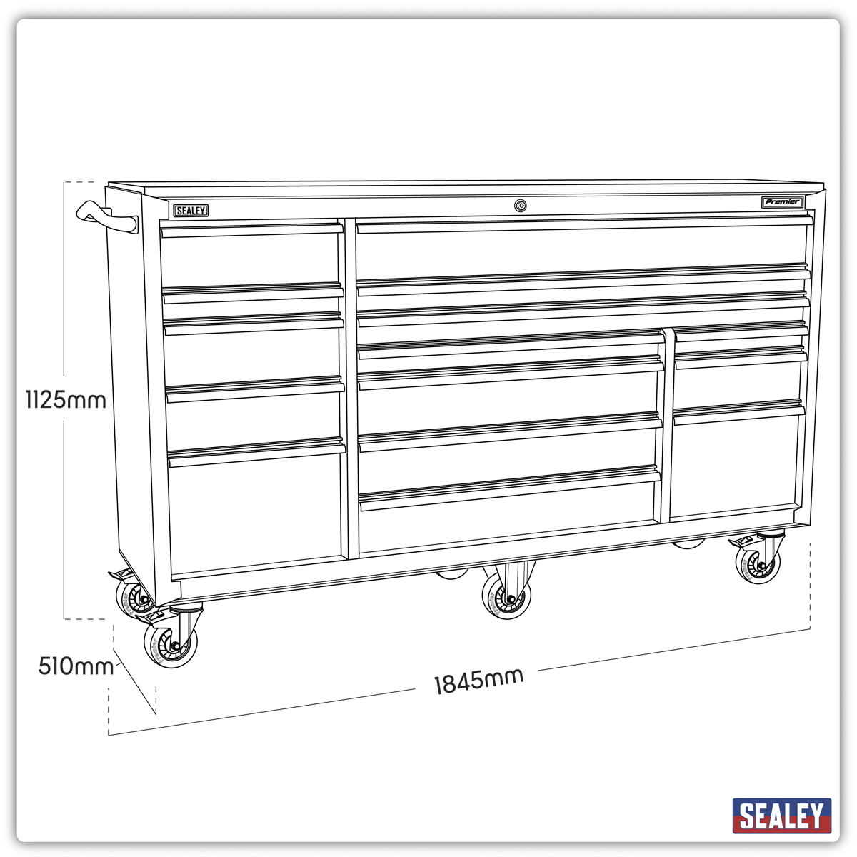 Premier PTB183015 Premier™ Heavy-Duty Extra-Wide Rollcab 15 Drawer 1845mm - Black